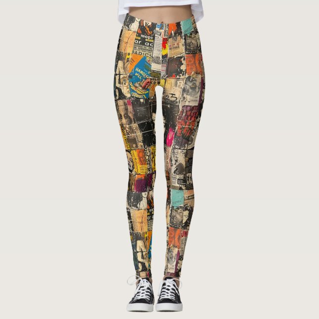 Rustikales Vintages Zeitungs-Patchwork-Collage (7) Leggings (Vorderseite)