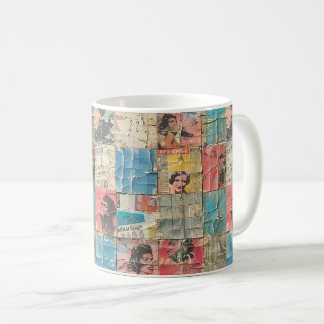 Rustikales Vintages Zeitungs-Patchwork-Collage (8) Kaffeetasse (VorderseiteRechts)