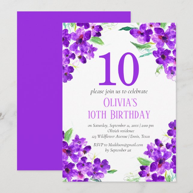 Rustikales Violett 10. Geburtstag Lila Einladung (Vorne/Hinten)