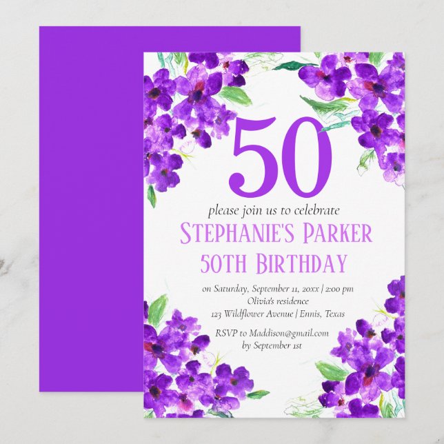 Rustikales Violett 50. Geburtstag Lila florale Einladung (Vorne/Hinten)