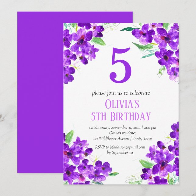 Rustikales Violett 5. Geburtstag Lila florale Einladung (Vorne/Hinten)