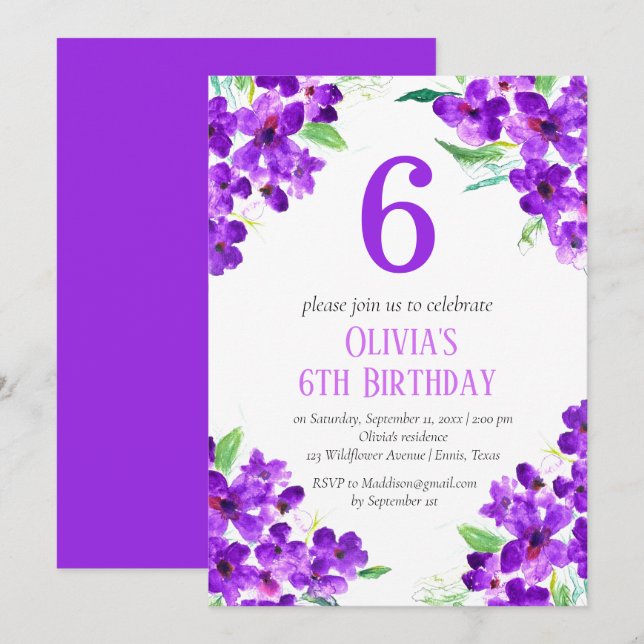 Rustikales Violett 6. Geburtstag Lila florale Einladung (Vorne/Hinten)