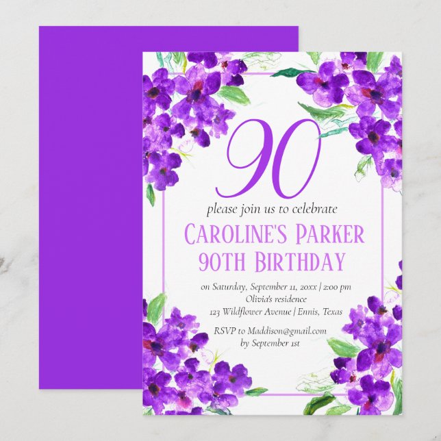 Rustikales Violett 90. Geburtstag Lila florale Einladung (Vorne/Hinten)