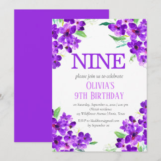 Rustikales Violett 9. Geburtstag Lila florale Einladung