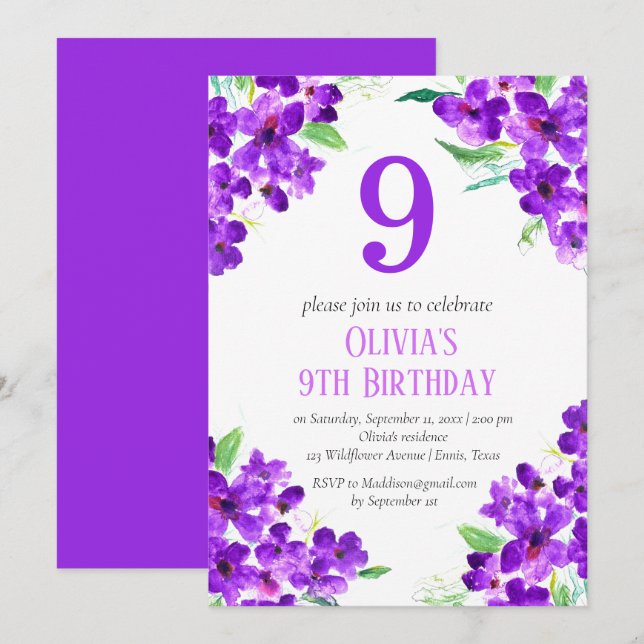 Rustikales Violett 9. Geburtstag Lila florale Einladung (Vorne/Hinten)