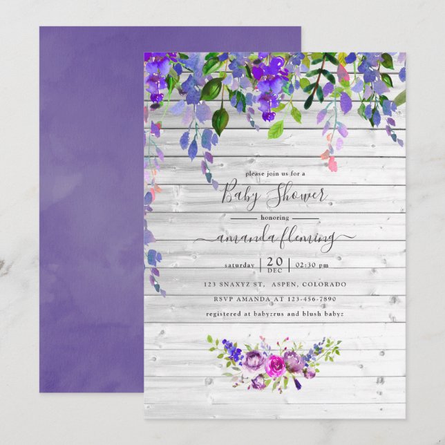 Rustikales Violett-Blumenbaby-Dusche Einladung (Vorne/Hinten)