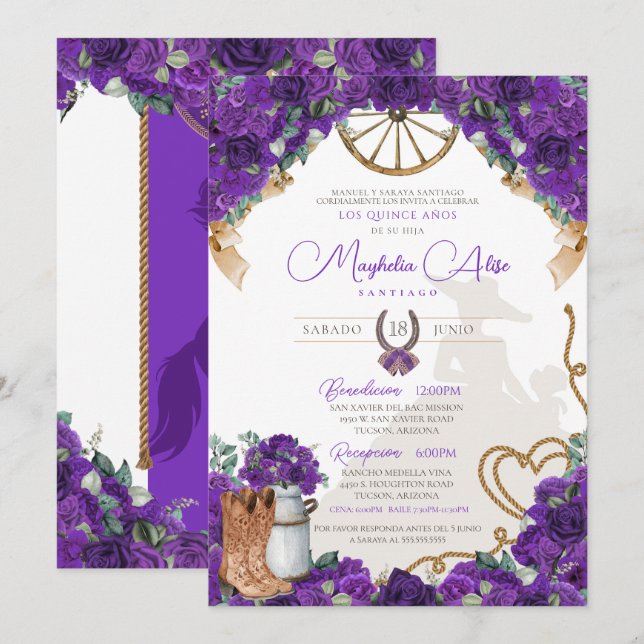 Rustikales Violett Lila Western Charro Quinceañera Einladung (Vorne/Hinten)