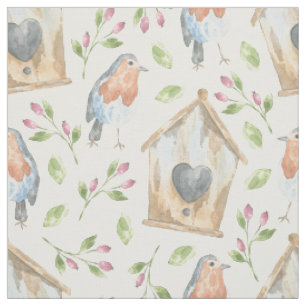Rustikales Vogelhaus-Rotkehlchen-Aquarellmuster Stoff