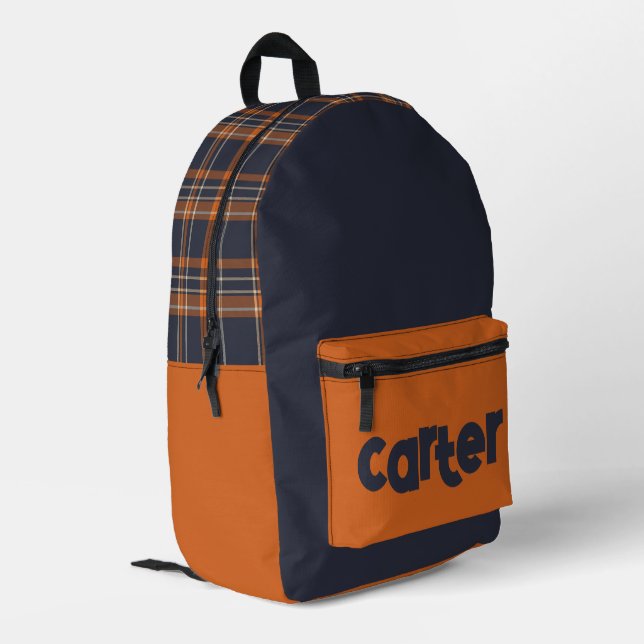 Rustikales Wald Blau & Orange kariert Bedruckter Rucksack (Rückseitige Ecke links)
