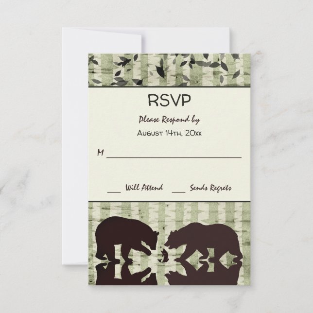 Rustikales Waldbärenfischen, Birkenbäume Hochzeit RSVP Karte (Vorderseite)
