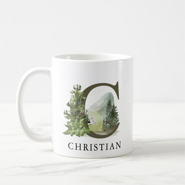 Rustikales Waldgebirge Letter C Monogramm Kaffeetasse (Links)