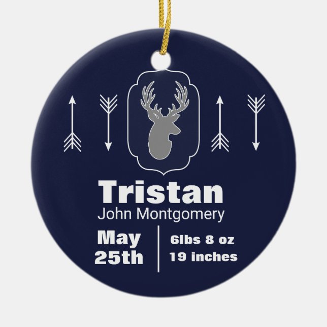 Rustikales Waldland Graues Hirsch und Foto der Mar Keramik Ornament (Vorne)