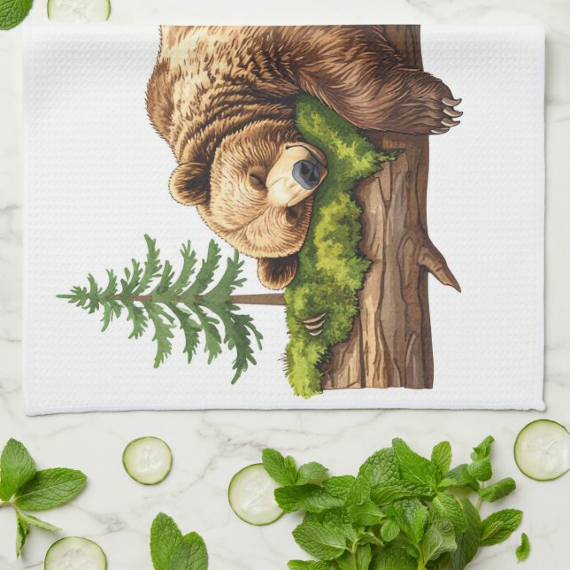 Rustikales Waldland Schlafbär Wasserfarbe Geschirrtuch (Gefaltet)
