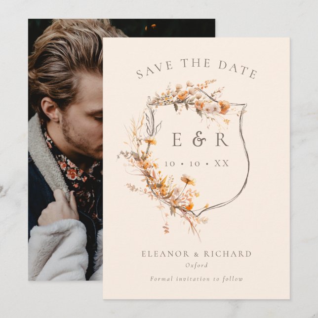 Rustikales Wappen Monogramm Hochzeit im Herbst Fot Save The Date (Vorne/Hinten)