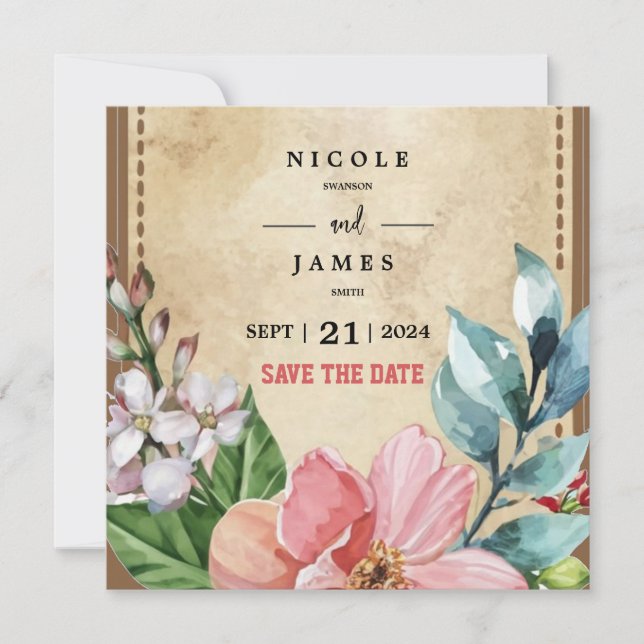 Rustikales Wasserfarben-Blumenmuster Save The Date (Vorderseite)