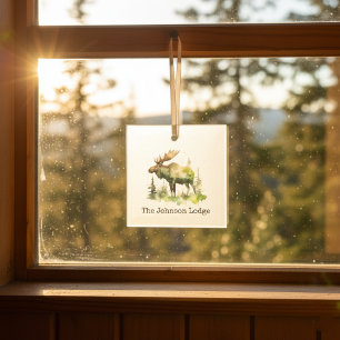 Rustikales Wasserfarben-Elch-Wald-Hütten-Andenken Ornament Aus Glas