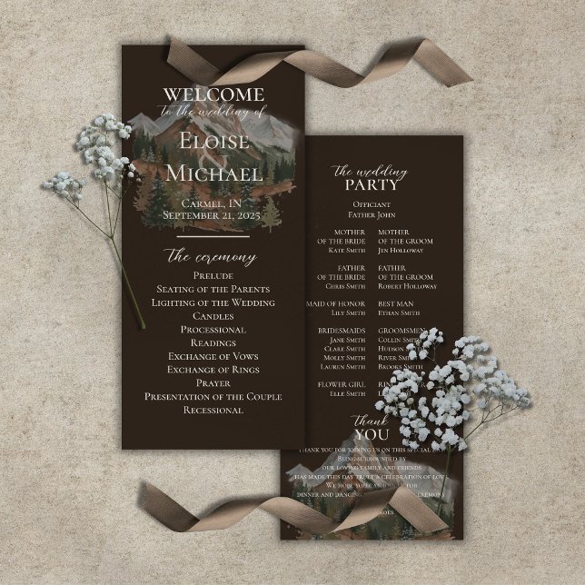 Rustikales Wasserfarben-Gebirgszeremonie-Programm (Rustic Watercolor Mountain Ceremony Program)