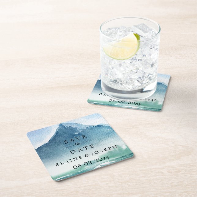 Rustikales Wasserfarbengebirge Save the Date See Rechteckiger Pappuntersetzer (Vor Ort)