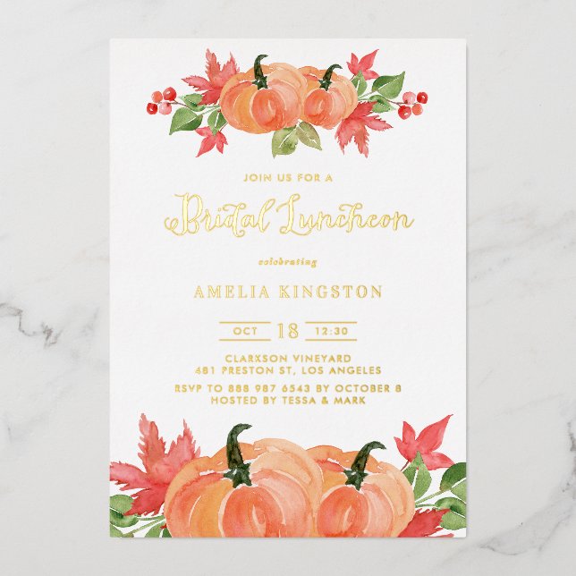 Rustikales Wasserfarbenpumpen Fall Bridal Luncheon Folieneinladung (Vorderseite)