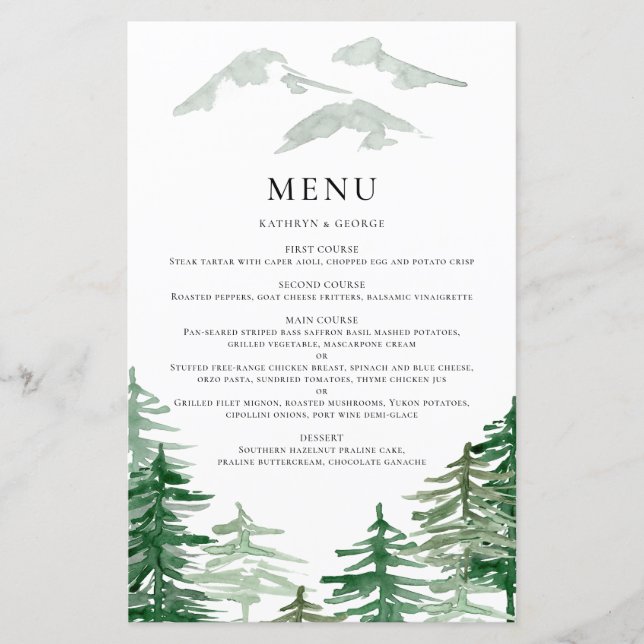 Rustikales Watercolor Woodland Wedding Menu Card (Vorderseite)