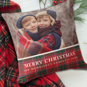 Rustikales Weihnachten Kariertes Rotes Grün Foto Kissen