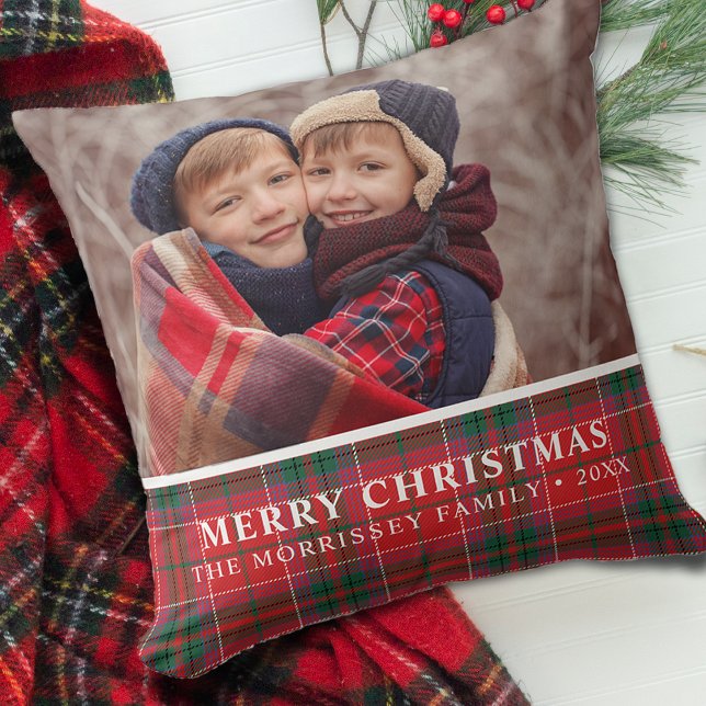 Rustikales Weihnachten Kariertes Rotes Grün Foto Kissen (Rustic Christmas Plaid Red Green Photo Throw Pillow)