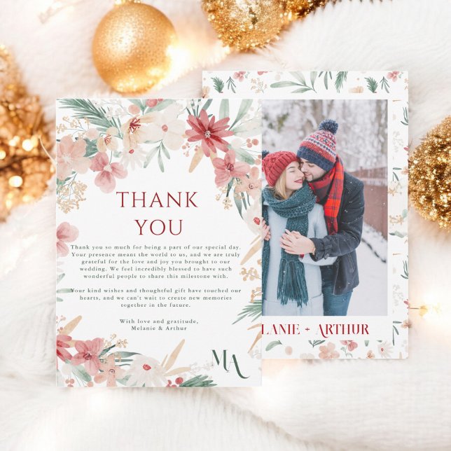 Rustikales Weihnachts-Foto Dankeskarte (Rustic Winter Christmas Floral Photo Wedding Thank You Card)