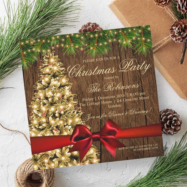 Rustikales Weihnachts-Party | Xmas Tree & Red Ribb Einladung (Rustic Christmas Party | Xmas Tree & Red Ribbon Invitation)