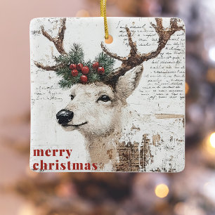 Rustikales Weihnachts-Winter-Rentier-Foto Keramikornament