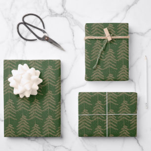Rustikales Weihnachtsbaum-Muster Grün Gold Geschenkpapier Set