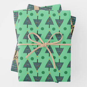 Rustikales Weihnachtsbaummuster Grün Geschenkpapier Set