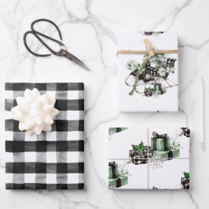 Rustikales Weihnachtsbüffel Karo Sleigh Geschenkpapier Set
