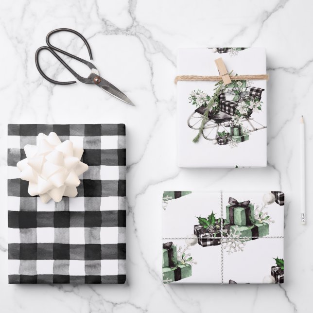 Rustikales Weihnachtsbüffel Karo Sleigh Geschenkpapier Set (Vorderseite)