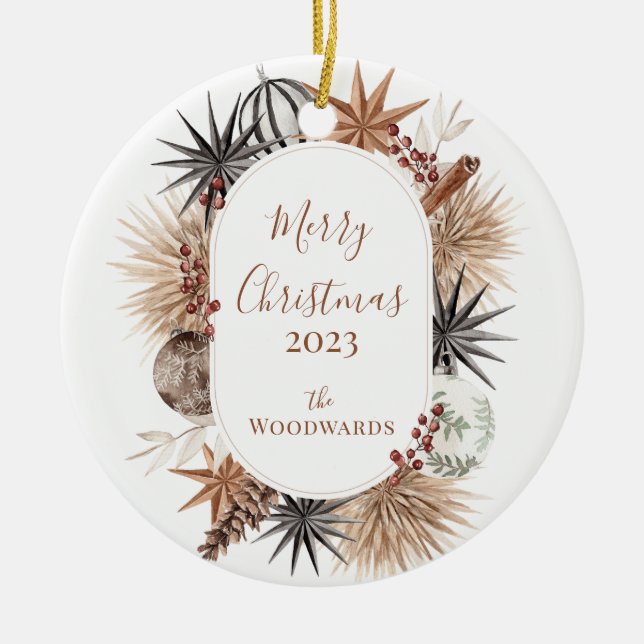 Rustikales Weihnachtsdesign mit Familienname Keramik Ornament (Vorne)