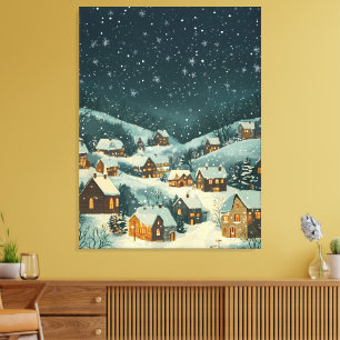 Rustikales Weihnachtsdorf unter dem Sternenhimmel Leinwanddruck