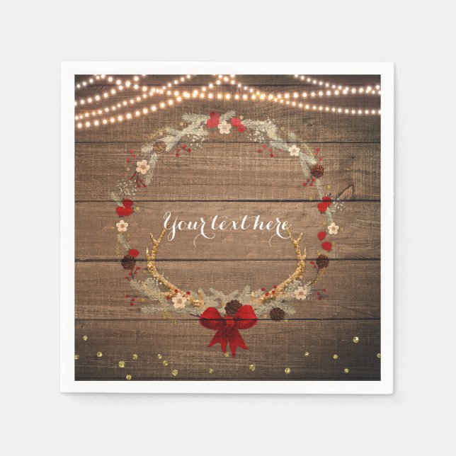 Rustikales Weihnachtsfeind Wreath Wood & Lights Serviette (Vorderseite)