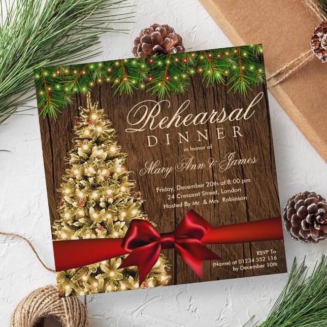 Rustikales Weihnachtsfest Probe Dinner Tree & Ribb Einladung (Rustic Christmas Rehearsal Dinner Tree & Ribbon Invitation)