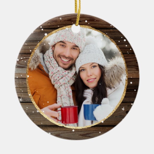 Rustikales WeihnachtsFoto verziert | Goldholz Keramikornament (Vorne)