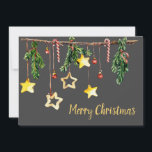 Rustikales Weihnachtsgarland Feiertagskarte<br><div class="desc">Moderne Aquarellbilderkunst mit rustikalen,  handgefertigten Weihnachtsgärten mit immergrünen Ästen und hausgemachten goldenen Sternen. Chalkboard schwarzer Hintergrund mit goldfarbenem,  anpassbarem Text.</div>