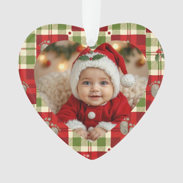 Rustikales Weihnachtsgeschenk Kariertes Herzdekora Ornament (Vorderseite)