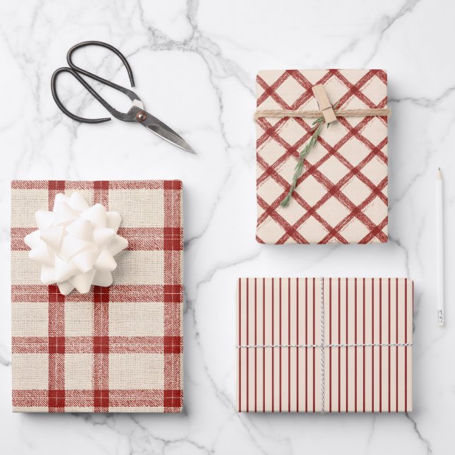 Rustikales Weihnachtsrotes Kariertes Wrapping Papi Geschenkpapier Set (Vorderseite)