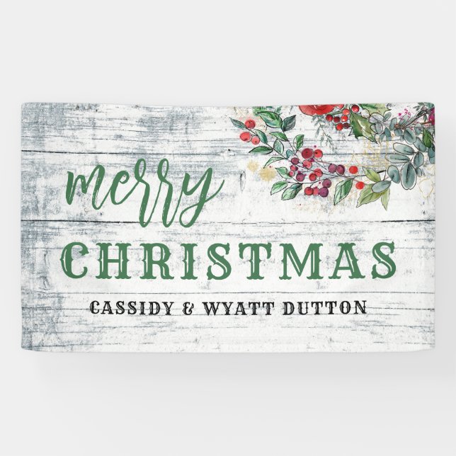 Rustikales Weihnachtswetter Holz Holly Berries Banner (Horizontal)