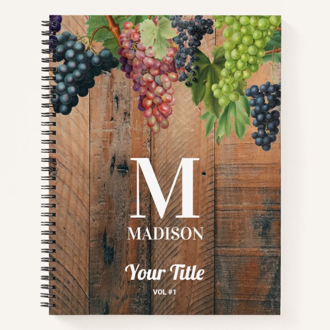 Rustikales Weingut Holz & Trauben Monogramm Notizbuch (Vorderseite)
