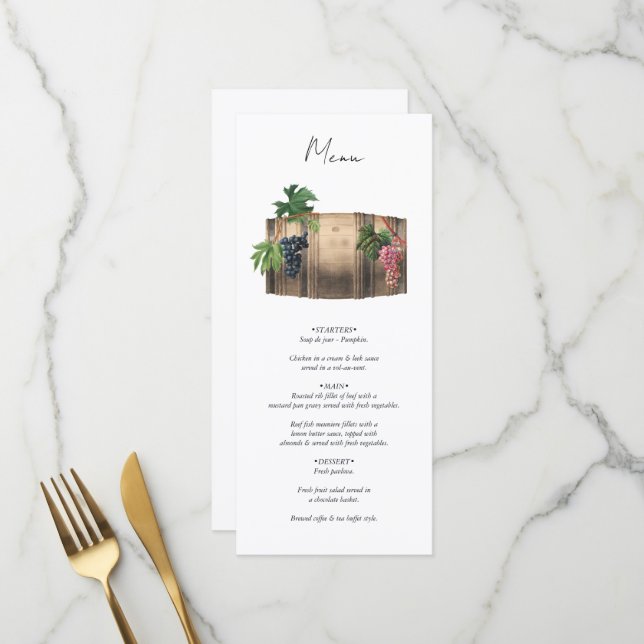 Rustikales Weinkeller Weinkeller Weinberg Hochzeit Menükarte (Vorderseite/Rückseite Beispiel)