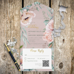 Rustikales Weiß & Blush Peonies Rosa QR-Code All In One Einladung