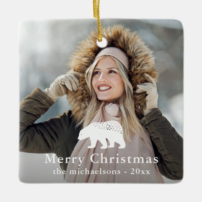 Rustikales Weißbär Weihnachtsfest Foto Keramikornament (Vorderseite)