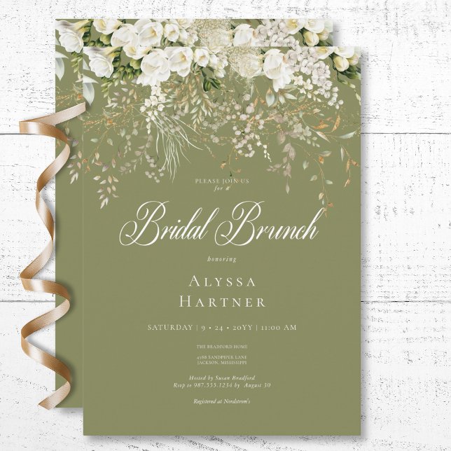 Rustikales Weißblütenbrunch Einladung (Rustic White Floral Drop Sage Green Bridal Brunch Invitation)