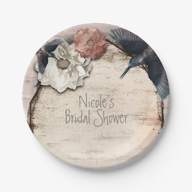 Rustikales Weiße Birke Floral & Hummingbird Elegan Pappteller (Vorderseite)