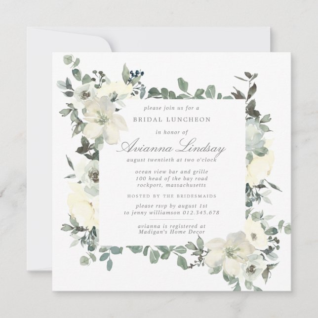 Rustikales weißes Blumengebirge Botanische Bridal  Einladung (Vorderseite)
