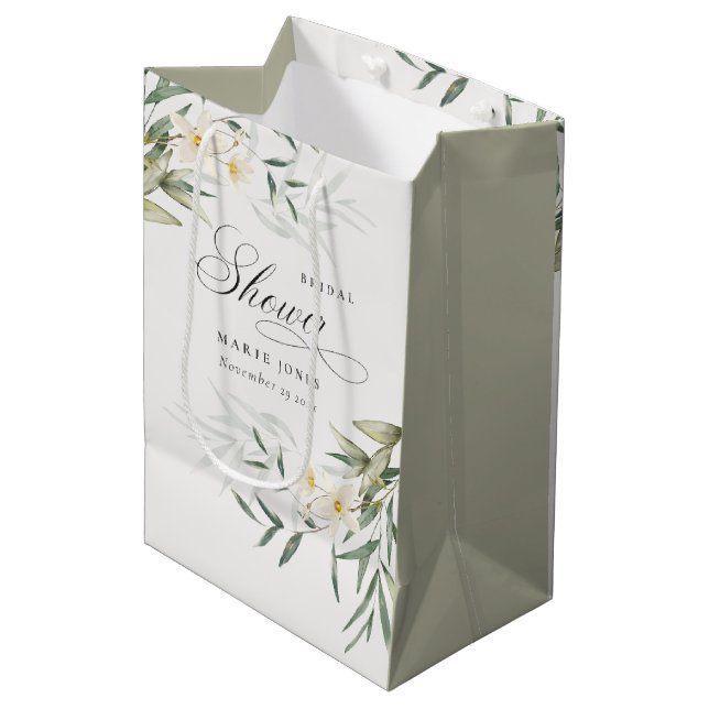 Rustikales Weißes Grün Blumenbunch Brautparty Mittlere Geschenktüte (Vorderseite Schrägansicht)